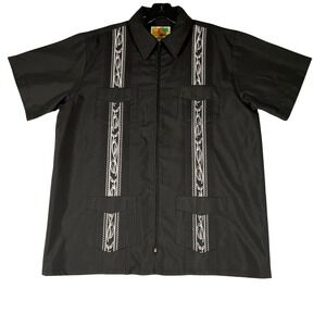 Haband Genuine Guayabera Mens Medium Black Full Zip Short Sleeve Shirt